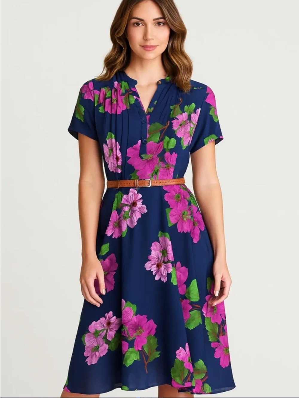 Nanette Lepore Floral Shirtdress Midi Navy Fuchsia Pink Pleated Front Size 6